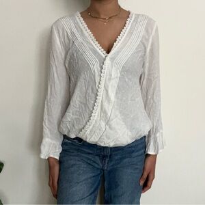 Mi Ami White Swiss Dot Lace Blouse Sz XL Bell Sleeve Peasant Boho Wrap Top Rayon